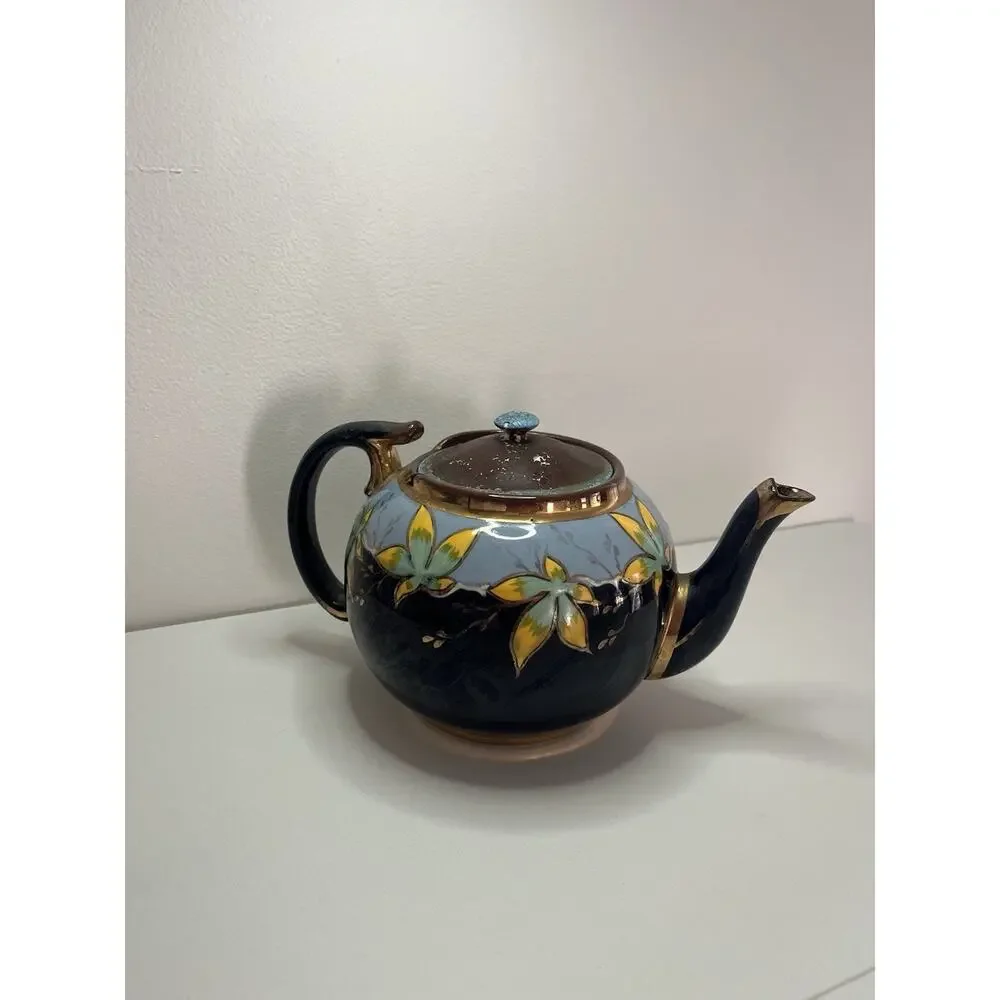Sadler Blue & Gold Floral Guilted Decorate Brown Teapot Vintage England Decor
